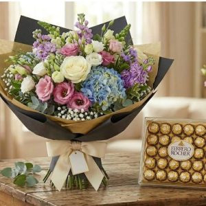 Midnight Garden Symphony: Mixed Bouquet & Ferrero Rocher Combo