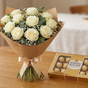 Pure Elegance & Sweet Delights: White Rose Bouquet with Ferrero Rocher